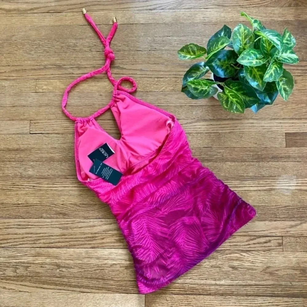 LAUREN Ralph Lauren Ombre Palm-Print High-Neck‎ Tankini Pink Top Size 4